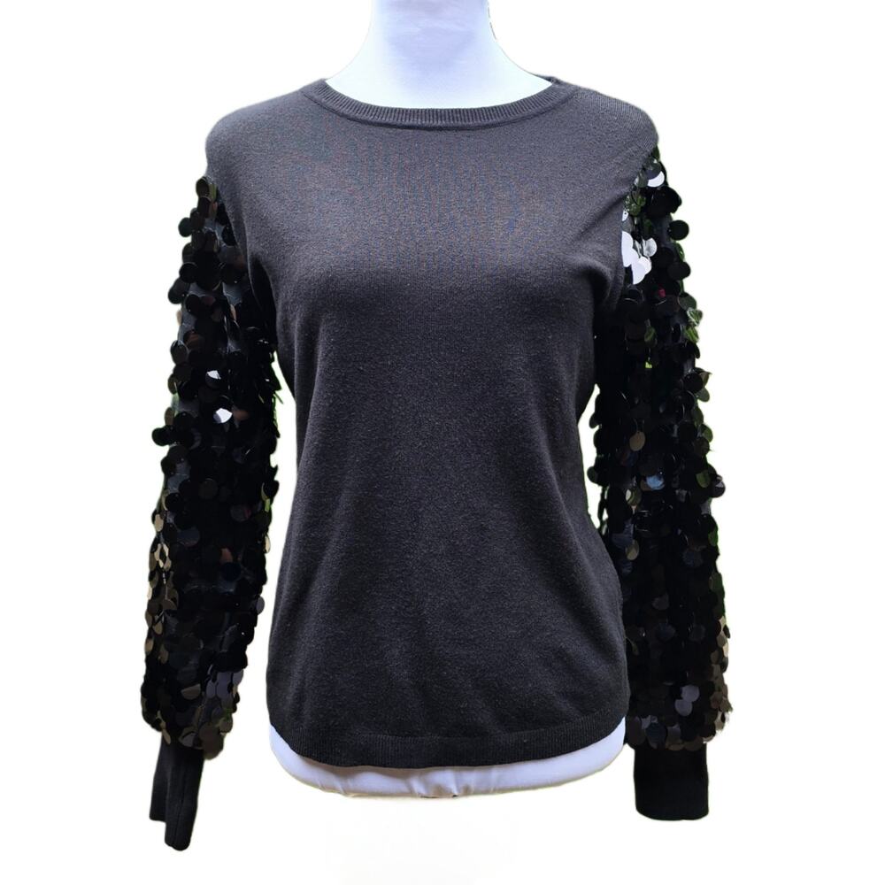 Sioni Milano Black Knit Sweater Sequin Statement Sleeve Size M Medium Solid